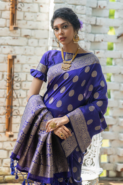 Azure Blue Soft Banarasi Silk Saree With Weaving Work