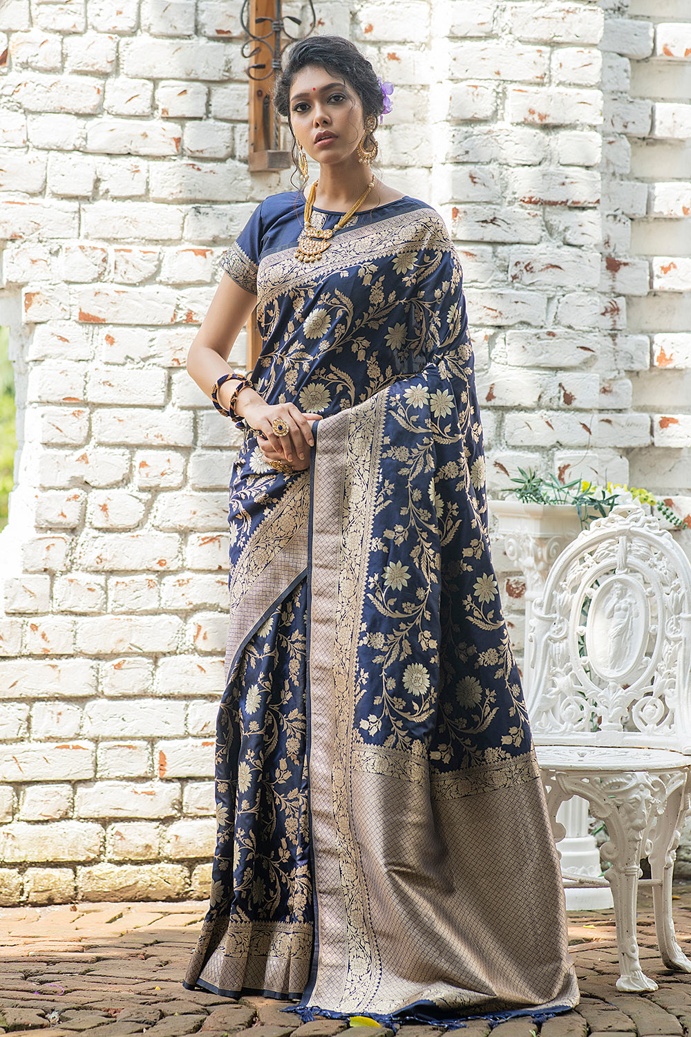 Navy Blue Soft Banarasi Silk Saree With Weaving Saree