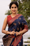 Navy Blue Banarasi silk beautiful zari Weaving saree with brocade blouse
