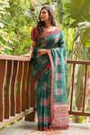 Green Color Linen Saree With Digital Print & Zari Lining Pallu