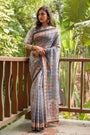 Silver Gray Color Linen Cotton saree with Beautiful Digital print and Zari Lining Pallu