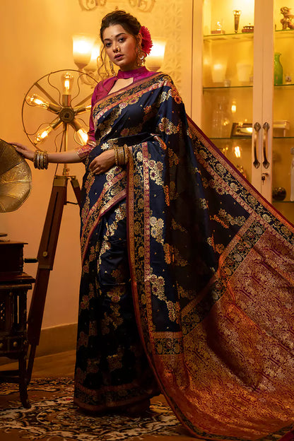 Navy Blue Banarasi Silk Saree With Meena Weaving