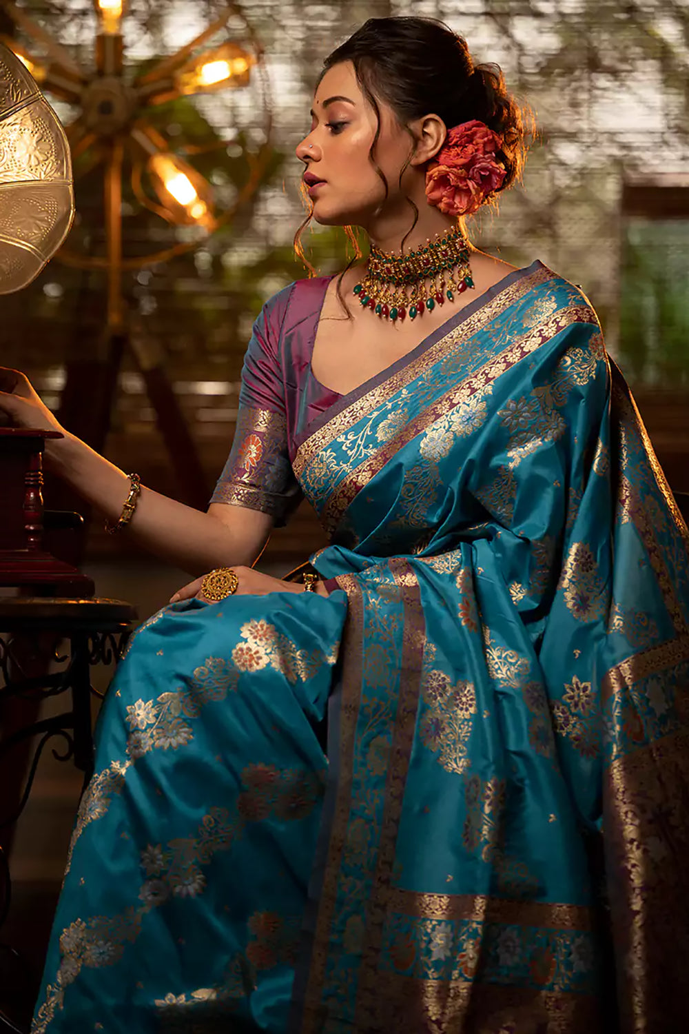 Turquoise Blue Banarasi Silk Saree With Meenakari Weaving