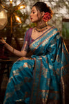 Turquoise Blue Banarasi Silk Saree With Meena Weaving