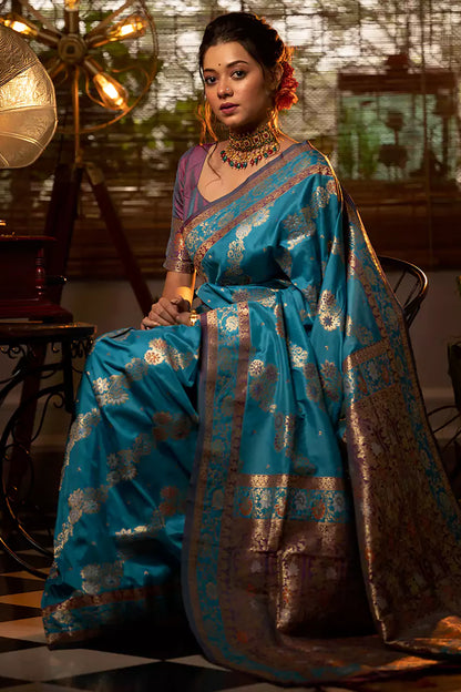 Turquoise Blue Banarasi Silk Saree With Meenakari Weaving