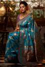 Turquoise Blue Banarasi Silk Saree With Meena Weaving