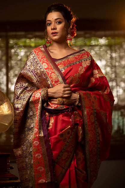 Red Banarasi Silk Saree With Meenakari Weaving
