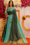 Olive Green Soft Raw Silk Saree with Checks Blouse