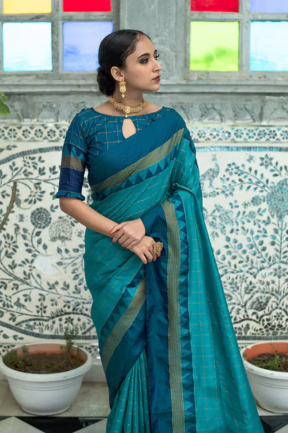 Firozi Blue Soft Raw Silk Weaving Saree with Checks Blouse