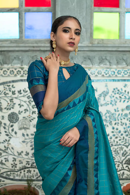 Firozi Blue Soft Raw Silk Weaving Saree with Checks Blouse