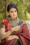 Brown Soft Raw Silk Saree with Checks Blouse