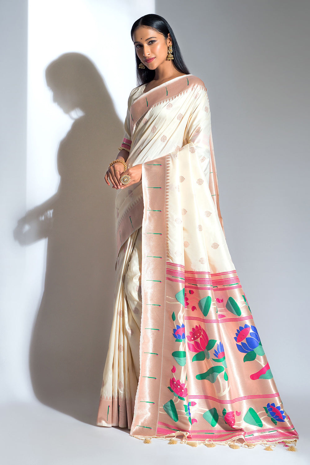 White Soft Paithani Silk With Zari Weaving Border Saree