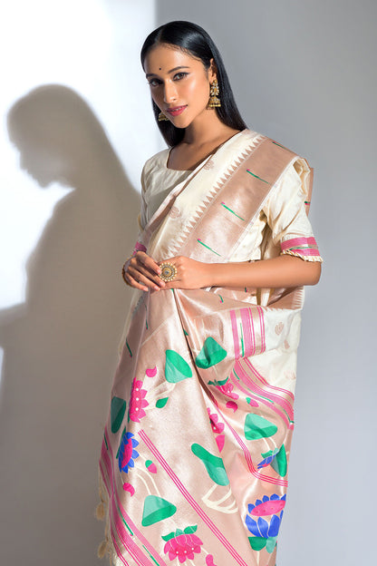 White Soft Paithani Silk With Zari Weaving Border Saree
