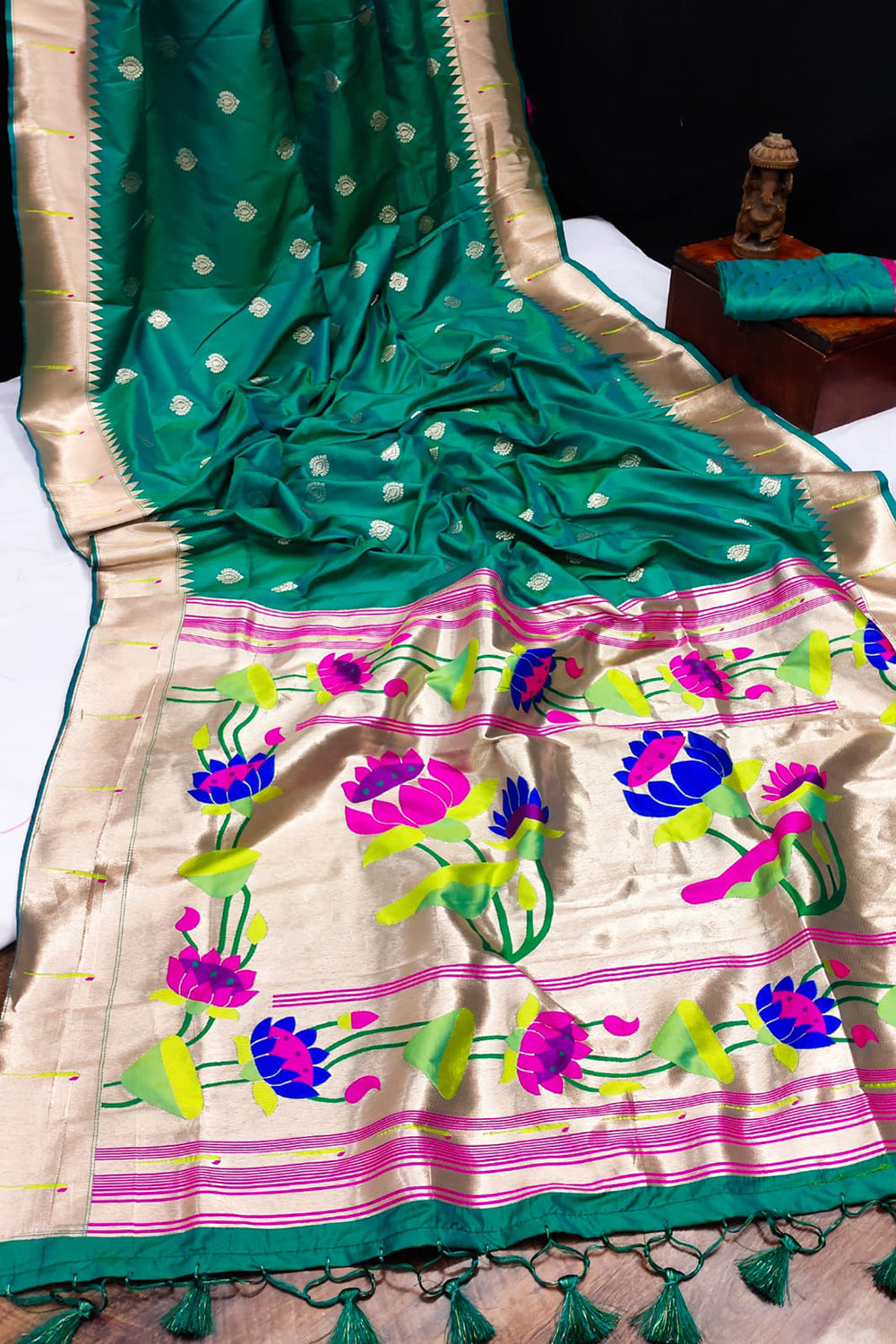 Jungle Green Banarasi Soft Silk Paithani With Zari Border Saree