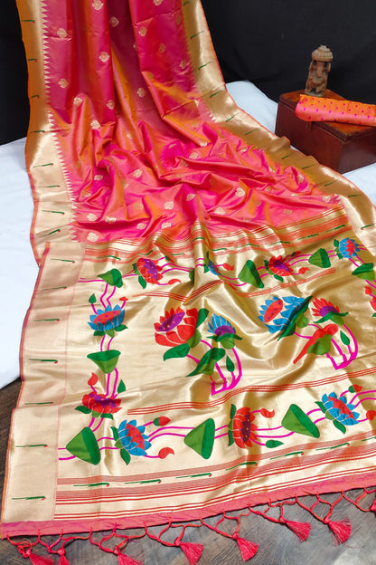 Orange Soft Silk Paithani With Zari Border Saree