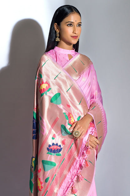 Baby Pink Soft Silk Paithani With Weaving Border Saree