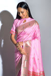 Baby Pink Banarasi Soft Silk Paithani With Zari Border Saree