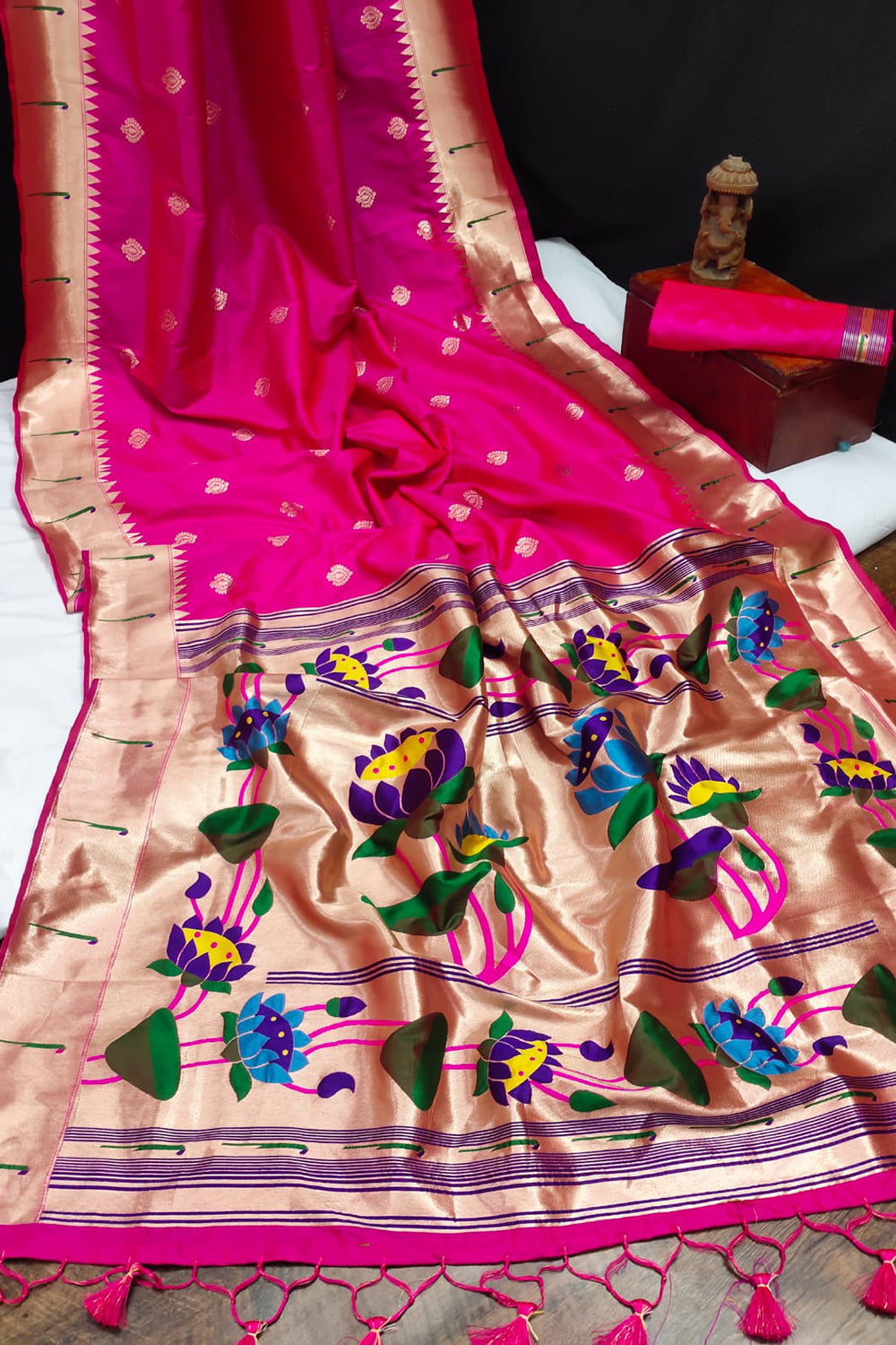 Dark Pink Banarasi Soft Silk Paithani With Zari Border Saree