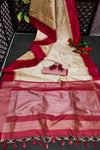 Cream Semi Tussar Silk With Ikkat Weaves Checks Fancy Tassels Saree