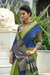 Olive Green Semi Tussar Silk With Ikkat Weaves Checks Fancy Tassels Saree