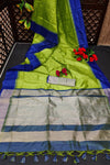 Olive Green Semi Tussar Silk With Ikkat Weaves Checks Fancy Tassels Saree
