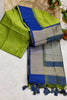 Olive Green Semi Tussar Silk With Ikkat Weaves Checks Fancy Tassels Saree