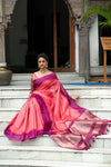 Pink Semi Tussar Silk With Ikkat Weaves Checks Fancy Tassels Saree