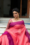 Pink Semi Tussar Silk With Ikkat Weaves Checks Fancy Tassels Saree