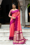 Rouge Pink Semi Tussar Silk With Ikkat Weaves Checks Fancy Tassels Saree