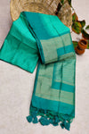 Teal Green Semi Tussar Silk With Ikkat Weaves Checks Fancy Tassels Saree