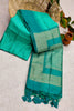 Teal Green Semi Tussar Silk With Ikkat Weaves Checks Fancy Tassels Saree