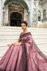 Wine Semi Tussar Silk With Ikkat Weaves Checks Fancy Tassels Saree
