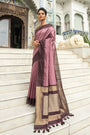 Wine Semi Tussar Silk With Ikkat Weaves Checks Fancy Tassels Saree