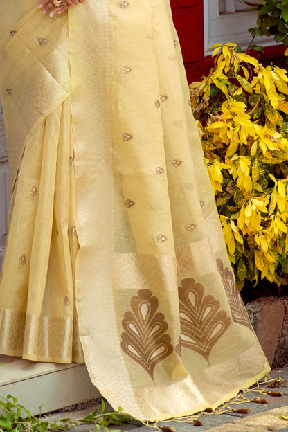 Tree Yellow Linen Tissue Saree With Zari Border Saree
