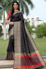 Black Raw Silk Saree With Temple Design Border