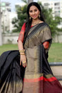 Black Raw Silk Saree With Temple Design Border