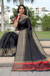 Black Raw Silk Saree With Temple Design Border