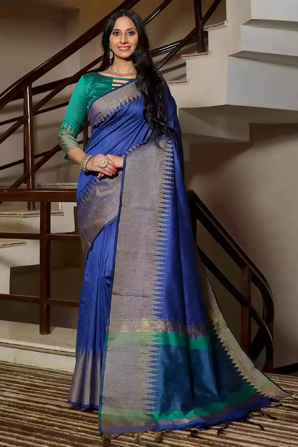 Blue Raw Silk Saree With Temple Design Border