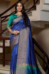 Blue Raw Silk Saree With Temple Design Border