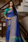 Blue Raw Silk Saree With Temple Design Border