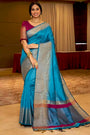 Firozi Raw Silk Saree With Temple Design Border