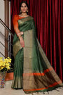 Green Raw Silk Saree With Temple Design Border