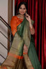 Green Raw Silk Saree With Temple Design Border