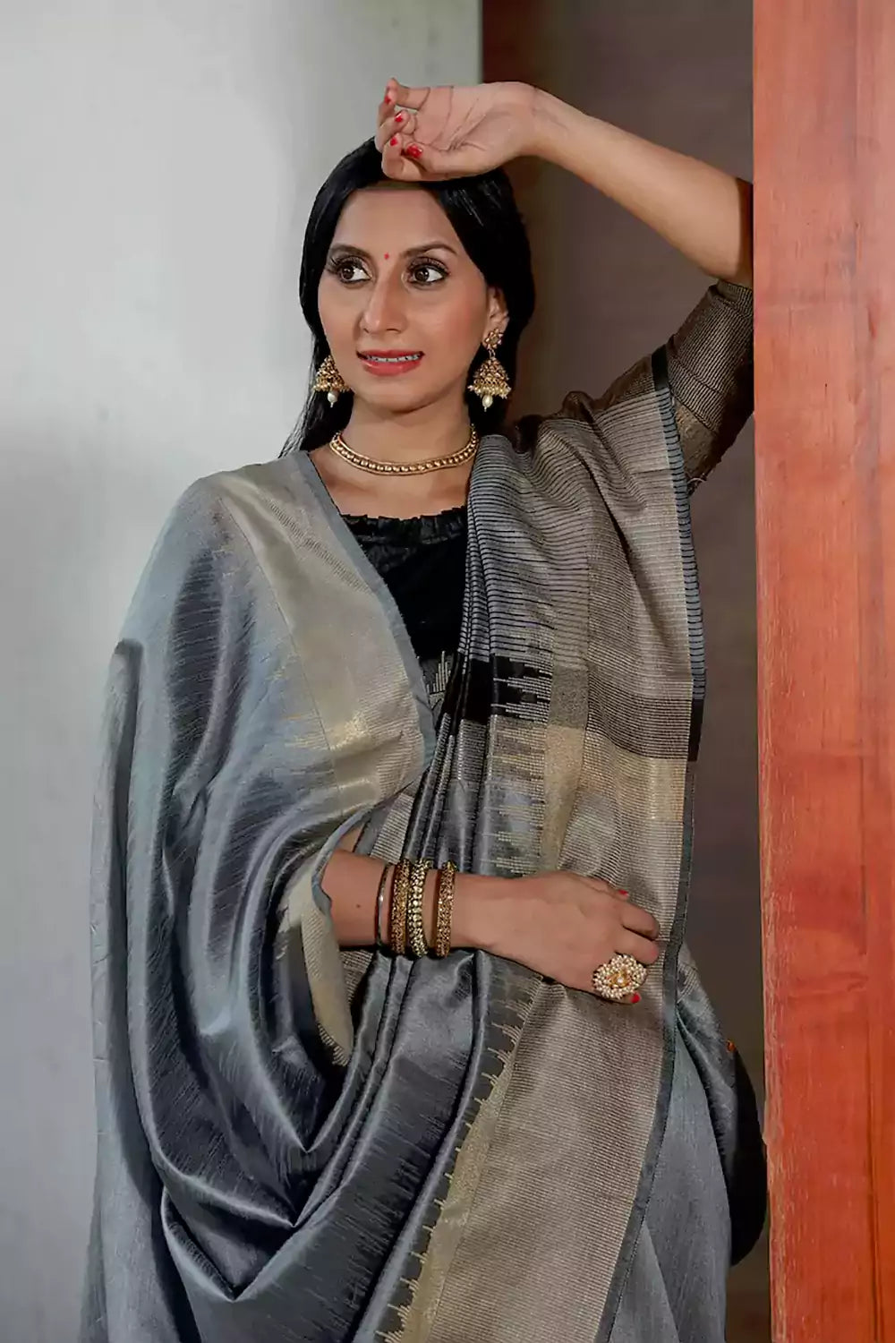 Gray Raw Silk Saree With Weaving Work