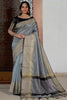 Grey Raw Silk Saree With Temple Design Border