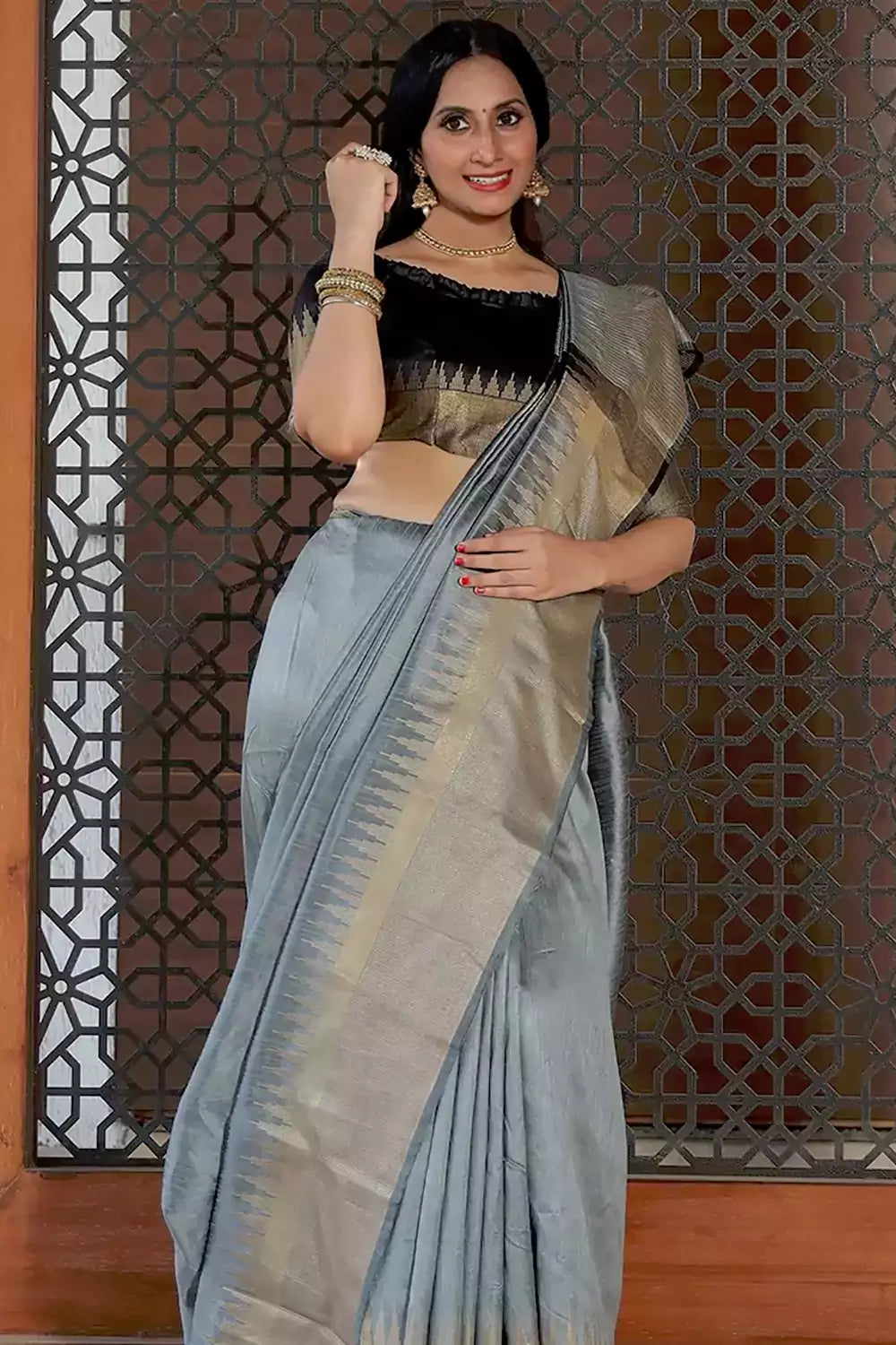 Gray Raw Silk Saree With Weaving Work