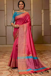 Pink Raw Silk Saree With Temple Design Border