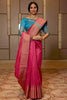 Pink Raw Silk Saree With Temple Design Border