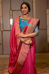 Pink Raw Silk Saree With Temple Design Border