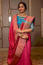 Pink Raw Silk Saree With Temple Design Border